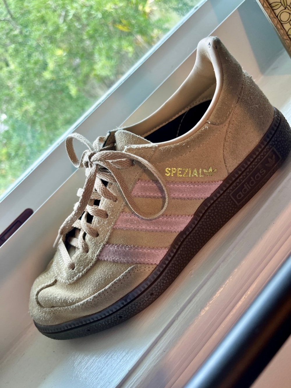 adidas Spezial Suede Sneaker in Beige with Pink Stripes and Brown Sole